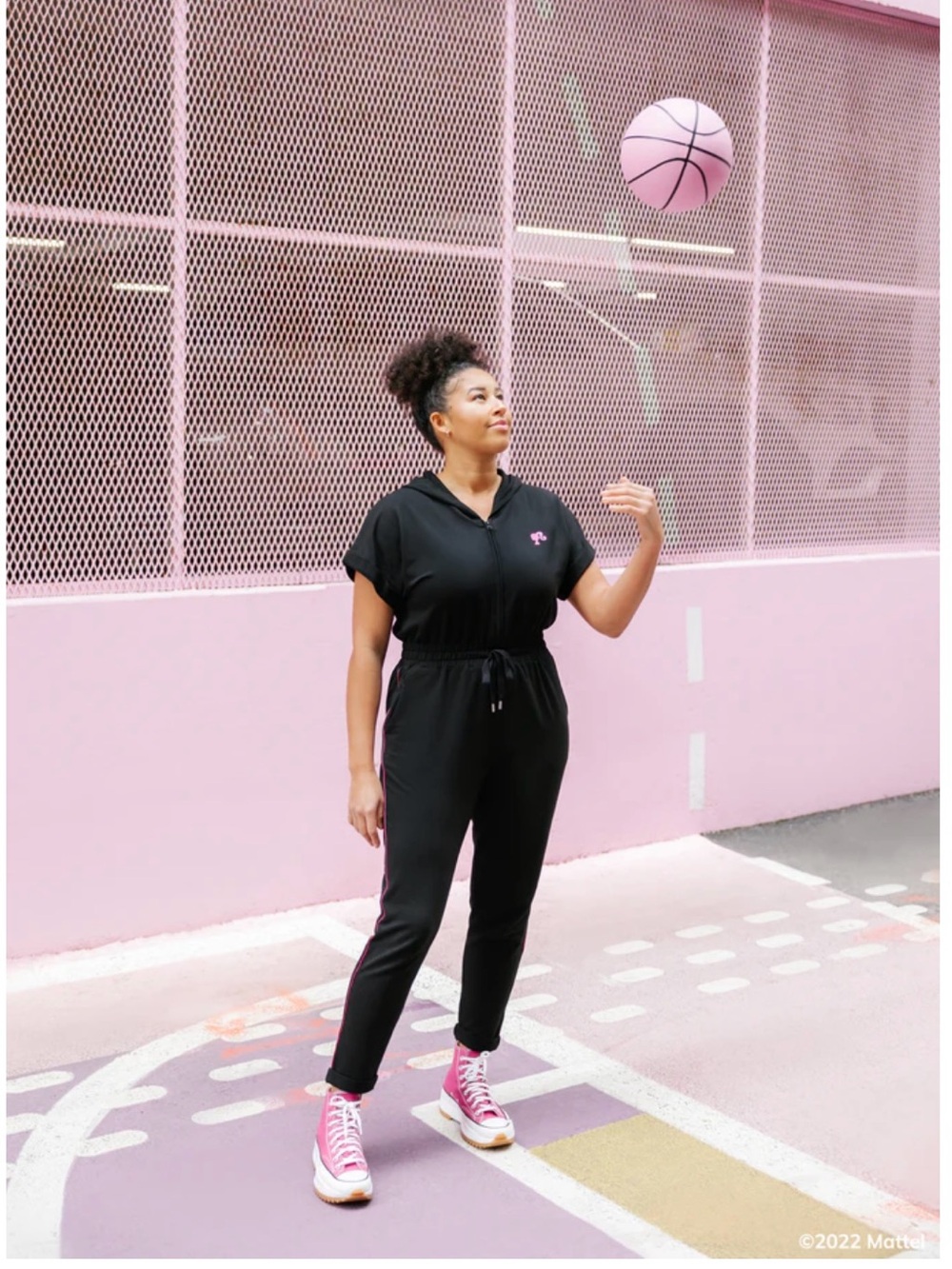 Smash + Tess X Barbie Black Short-Sleeve Zip Front romper w/ pink accents